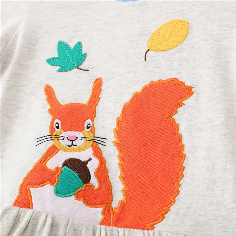 Squirrel Applique Autumn Girls Dress